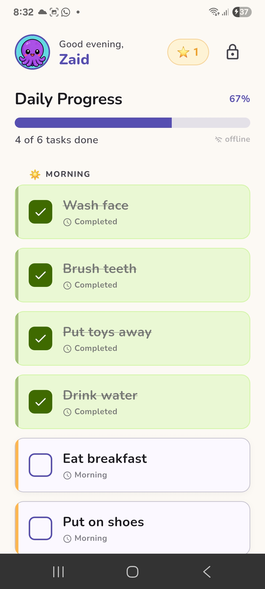 FocusKid app screenshot showing daily progress and a morning routine task list