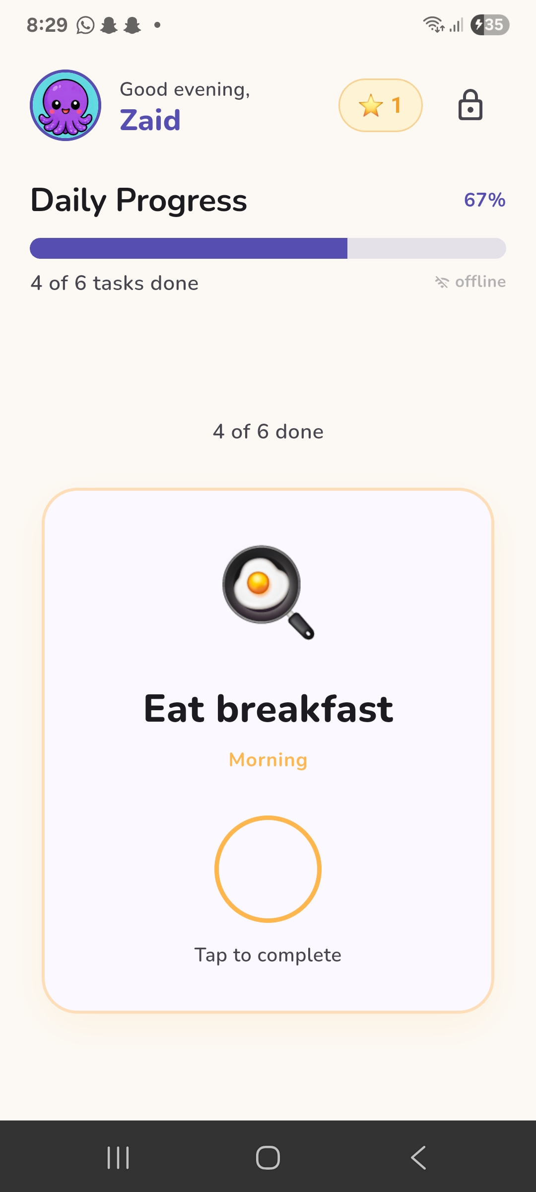 FocusKid Focus Mode screen showing one task at a time