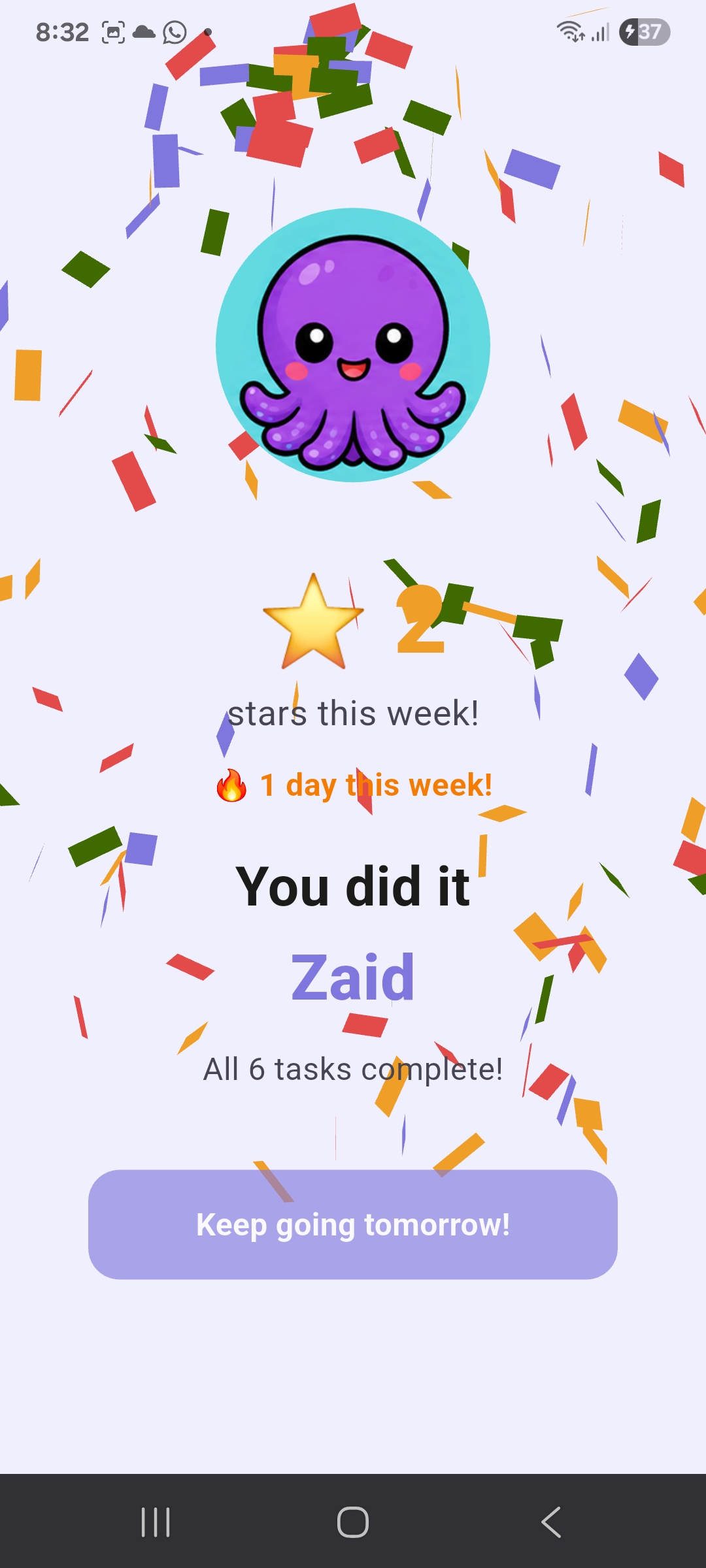 FocusKid celebration screen after completing a full routine