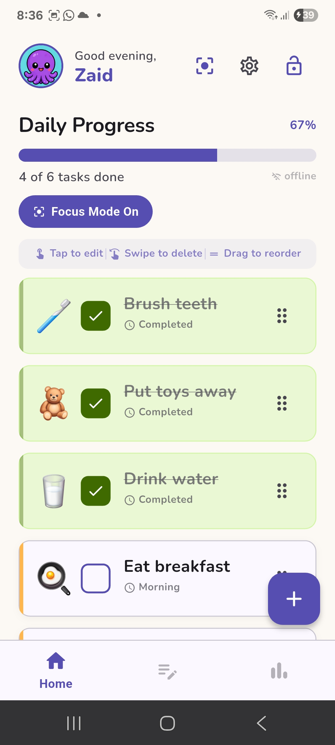 FocusKid routine overview screen showing daily progress and task list